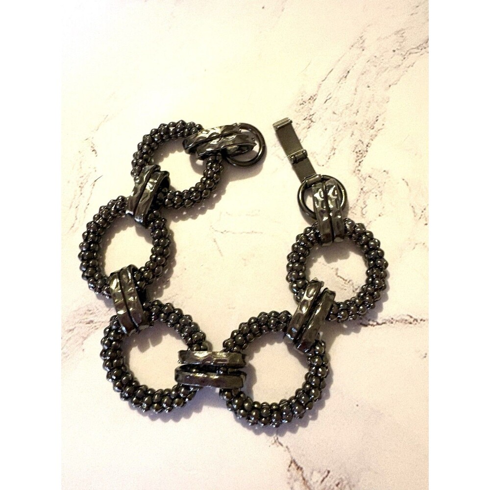 Vintage Style Gunmetal Beaded Link Bracelet Chunky Circle Rings Statement